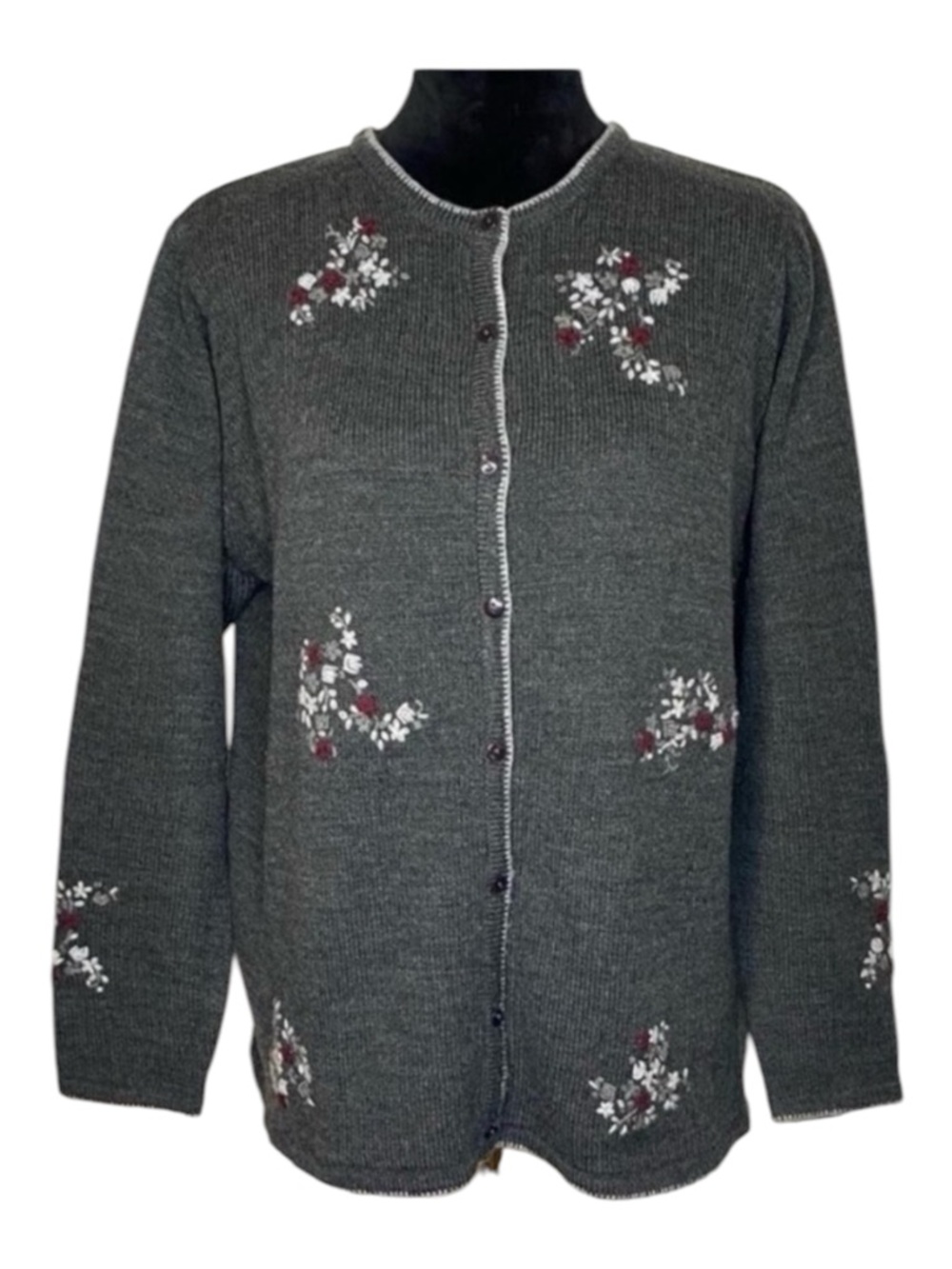 Vintage Laura Scott Cottagecore Winter Grey Floral Embroidered Knit Cardigan